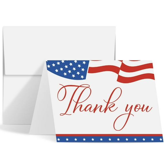Patriotic Thank You Cards with Envelopes, American Flag July 4th USA Greeting Cards | A2 Size – 4.25 x 5.5” Cards When Folded | 80lb (216gsm) Cardstock | 25 Cards and 25 Envelopes Per Pack