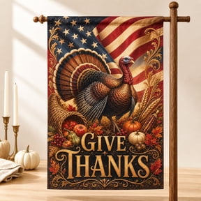 Patriotic Thanksgiving Turkey Garden Flag, Give Thanks Fall Harvest House Banner