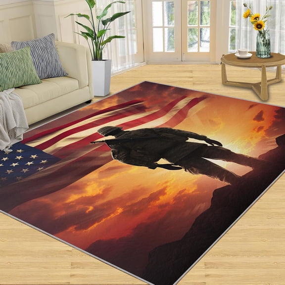 Patriotic Theme Area Rug, USA Flag Design - Non-Slip Washable Rugs for Living Room, Army Outdoor Carpet for Patio - Military Decor 5x6ft