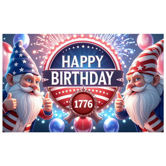 Patriotic Theme Happy Birthday Banner Gnome Design Colorful Stars Festive Balloons Celebration Decoration for National Day USA Party Independence Celebration