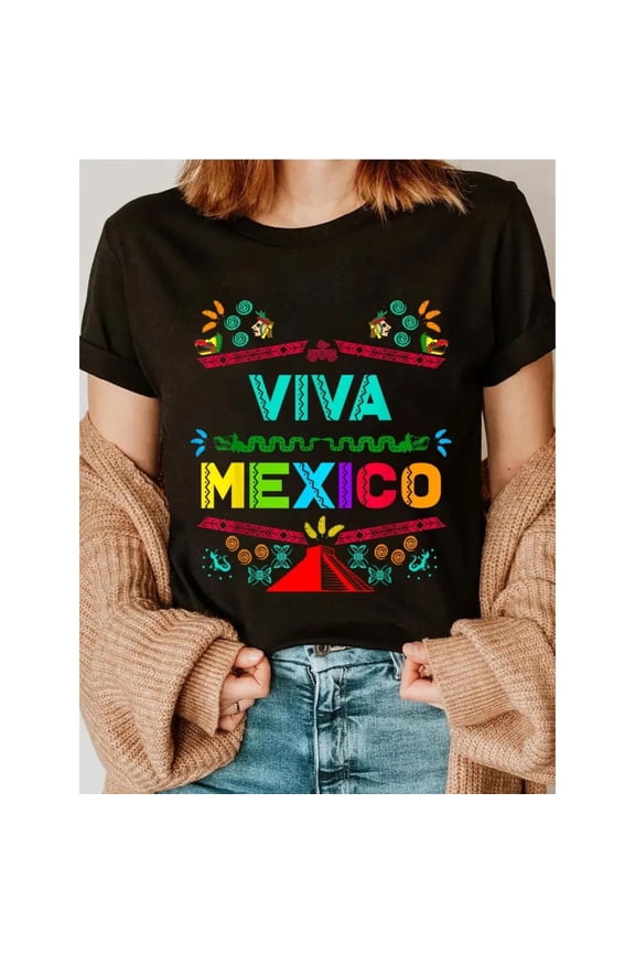 Patriotic Themed Graphic Tee,Tops Has "VIVA MEXICO" Text with Mexican Cultural Elements (Aztec - style Patterns, Pyramid), Round Neck Regular Fit T - shirts, Size(S - 5XL)
