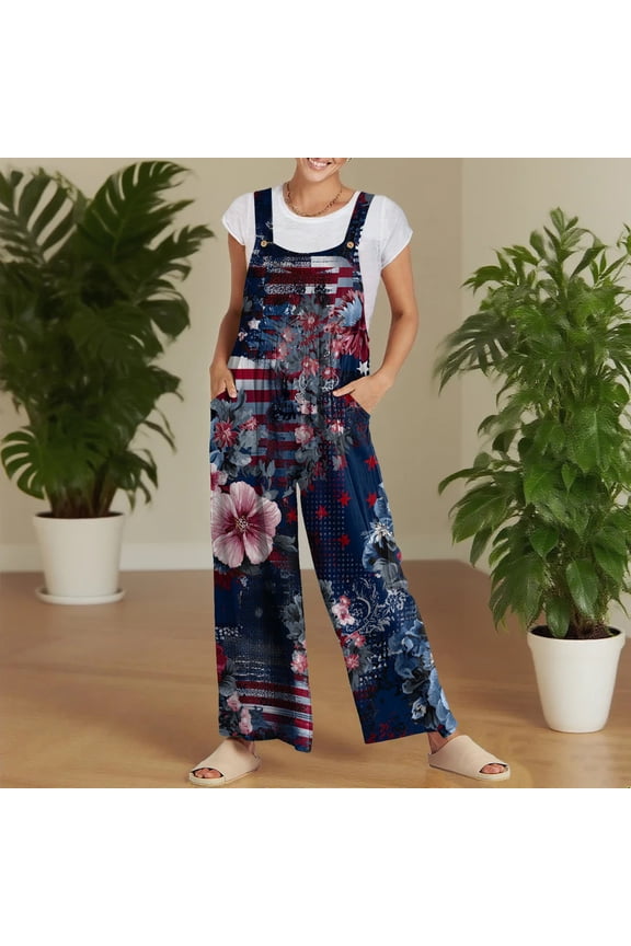Patriotic Themed Patchwork One Piece Comfortable Vacation Overalls For Women Blue S