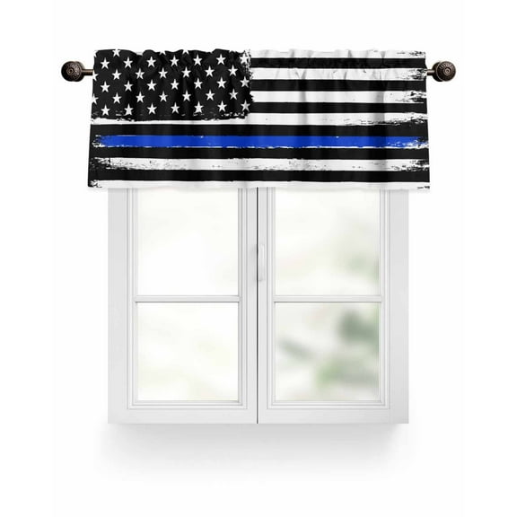 Patriotic Thin Blue Line Flag Kitchen Valances for Windows Police Enforcement Valance Curtains&nbsp; for Kitchen /Living Room/Bedroom/ Bathroom Decor, 54"x18 " ,Rod Pocket 1 Panel,