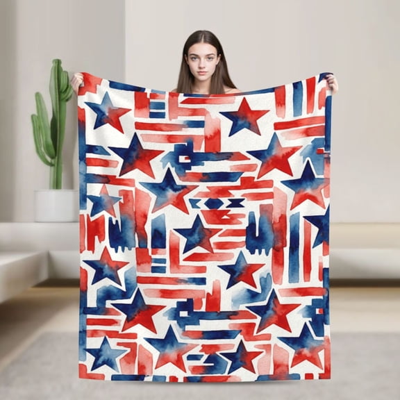Patriotic Throw Blanket, Soft Flannel USA Flag Stars & Buffalo Plaid Throw for Memorial Day & 4th of July Decor 50x40