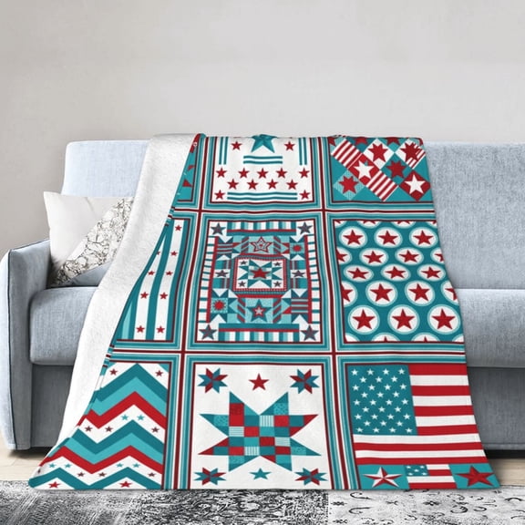 Patriotic Throw Blanket - USA Flag & Stars Print Flannel Throw, Red White Blue Decor for 4th of July & Independence Day 50x40