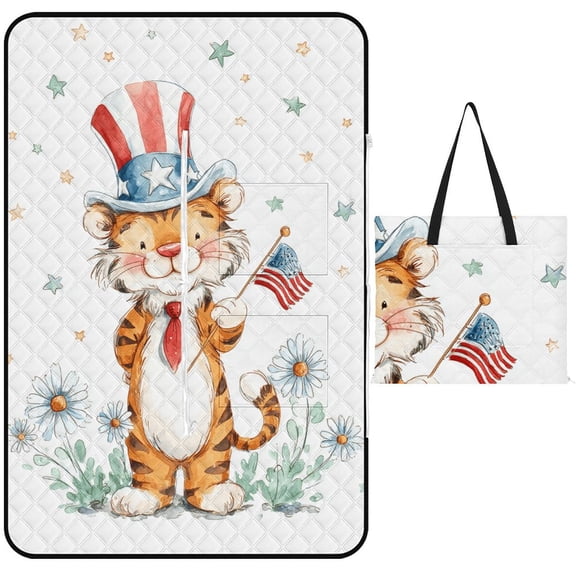 Patriotic Tiger Cute Flag Stars Flowers Waterproof Picnic Blanket with Foldable Zipper, Suitable for Outdoor Use, Suitable for Travel, Camping, Beaches, Parks, Grasslands, Picnic Blanket Accessories