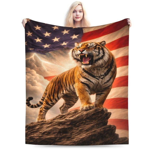 Patriotic Tiger Throw Blanket, American Flag Wildlife Art Design, Soft Warm Fleece Blanket for Sofa, Bed, Living Room Home Decor 50x40