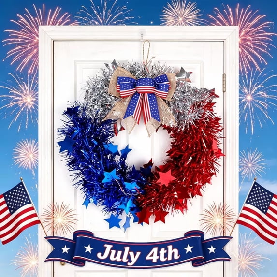Patriotic Tinsel Wreath for Front Door Red White Blue Memorial Day Wreath with Stars 4th of July Decorations for Independence Day Wall Home Farmhouse 4Th Of July Decorations