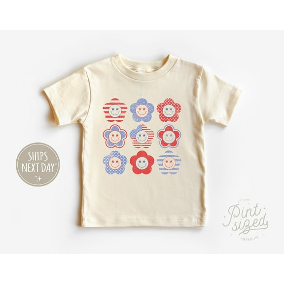 Patriotic Toddler Girl Shirt, Retro Smiley Face Tee, Hippie Fourth Of July Kids Shirt TODDLER SHORT SLEEVE TEE BELLA CANVAS 3001T