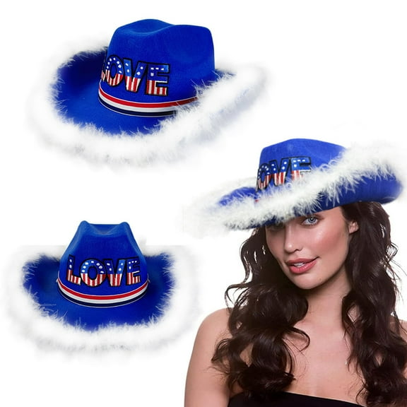 Patriotic Top Hat , 4th of July Cowboy Fleece Hat,Cowboy Hat with Feathers ,Red White Blue Sequin Top Hats,Costume Party Hats for Men Women Unisex ,4th of July Hats Funny Holiday Accessories
