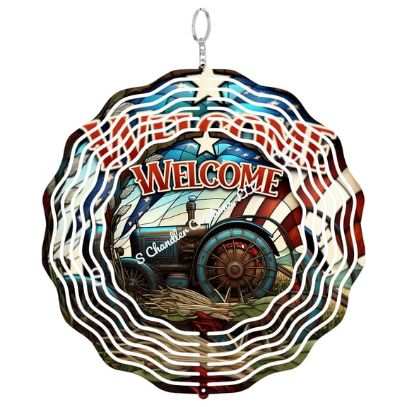 Patriotic Tractor Welcome 3D Wind Spinner Faux Stained Glass Farming Garden Art