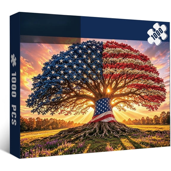 Patriotic Tree of Life Jigsaw Puzzle 1000 Pieces, American Flag Sunset Scene for Adults Gift and Home Decor