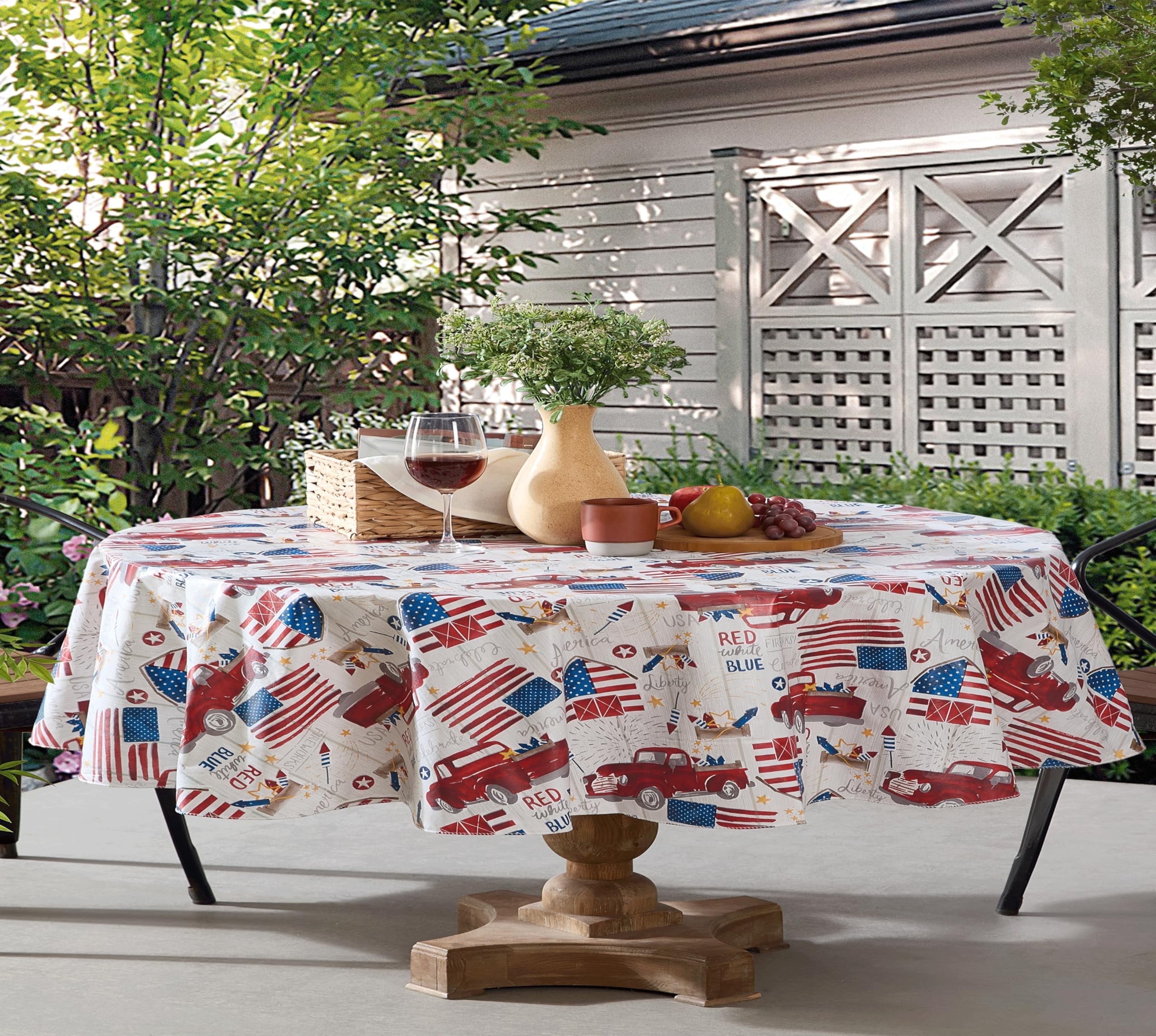 Patriotic Trucks Celebration and Flags 60 x 84 inch Oval Vinyl Tablecloth with Flannel Backing