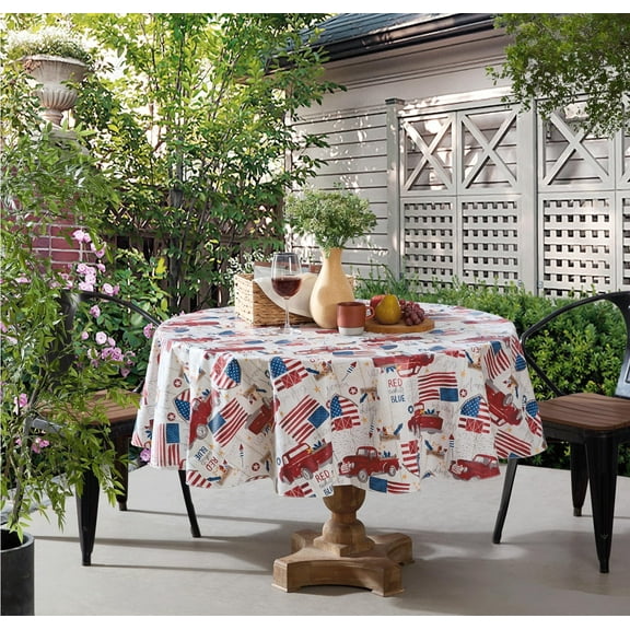 Patriotic Trucks Celebration and Flags 70 inch Round Vinyl Tablecloth with Flannel Backing