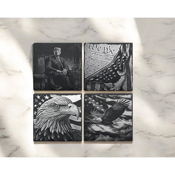 Patriotic Trump Slate Coasters Set: Laser-Etched Bald Eagle, Constitution, and American Flag Designs