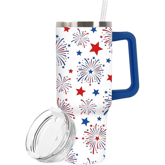 Patriotic Tumbler with Handle Stainless Steel Cup 40 Oz Red Blue 4th of July Firework Star Tumbler with Lid Straw for 250th Anniversary Independence Day Home Office Travel
