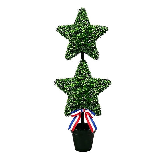 Patriotic Two-Star Artificial Topiary, 35" Double Star Boxwood Potted Plant with Red White Blue Bow, Independence Day UV Resistant Outdoor Decor Porch Garden
