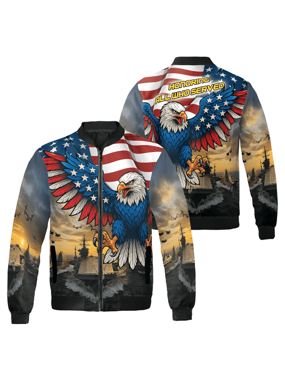 Patriotic U.S Veteran Bomber Jacket – Honoring All Who Served – Patriotic Eagle & Flag Design – Military Navy Aircraft Carrier Print – Unisex Zip Jacket