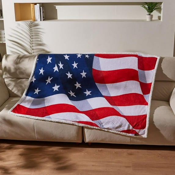 Patriotic US Flag Blanket, American National Flag Throws, Sherpa Fleece Reversible Blanket for Couch Bed Decor, 4th of July Citizenship Veteran Gift
