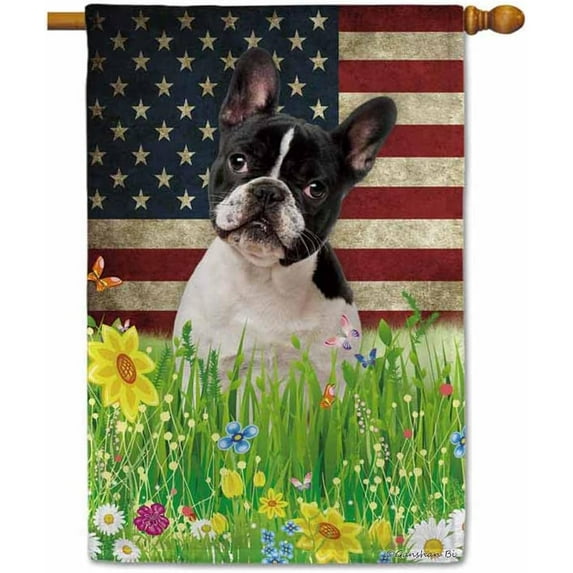 Patriotic US Flag French Bulldog House Flag Dog Wildflowers Floral Spring Summer 4th of July Outside Decor Flag Banner 28X40 Inch Double Side Style 1