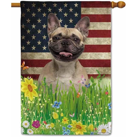 Patriotic US Flag French Bulldog House Flag Dog Wildflowers Floral Spring Summer 4th of July Outside Decor Flag Banner 28X40 Inch Double Side Style 4