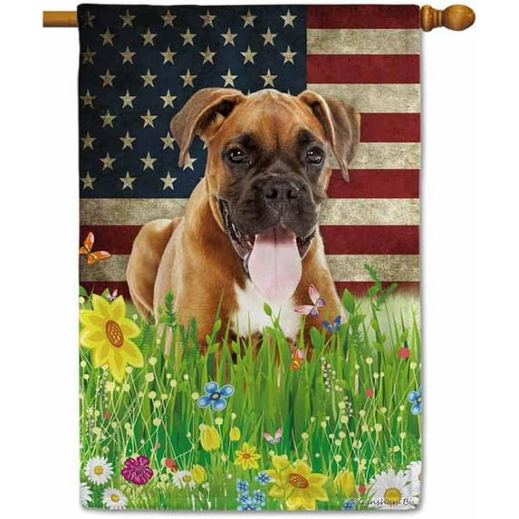Patriotic US Flag German Boxer House Flag Dog Wildflowers Floral Spring Summer 4th of July Outside Decor Flag Banner 28X40 Inch Double Side Style 1