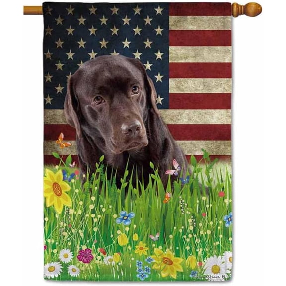 Patriotic US Flag Labrador House Flag Dog Wildflowers Floral Spring Summer 4th of July Outside Decor Flag Banner 28X40 Inch Double Side Style 1
