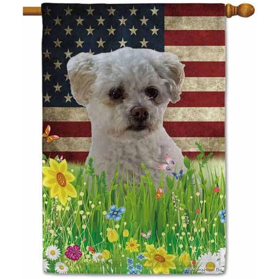 Patriotic US Flag Maltese Poodle House Flag Dog Wildflowers Floral Spring Summer 4th of July Outside Decor Flag Banner 28X40 Inch Double Side Style 1