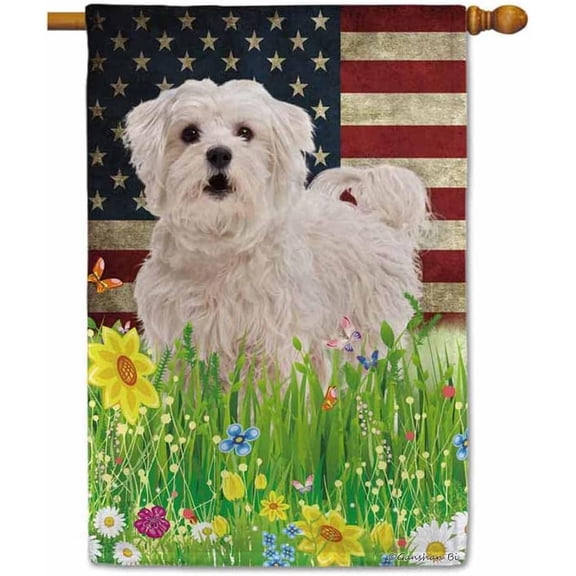 Patriotic US Flag Maltese Poodle House Flag Dog Wildflowers Floral Spring Summer 4th of July Outside Decor Flag Banner 28X40 Inch Double Side Style 2