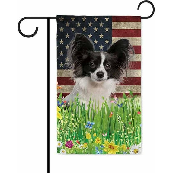 Patriotic US Flag Papillon Garden Flag Dog Wildflowers Floral Spring Summer 4th of July Outside Decor Flag Banner 12.5X18 Inch Double Side Style 1