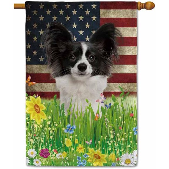 Patriotic US Flag Papillon House Flag Dog Wildflowers Floral Spring Summer 4th of July Outside Decor Flag Banner 28X40 Inch Double Side Style 3
