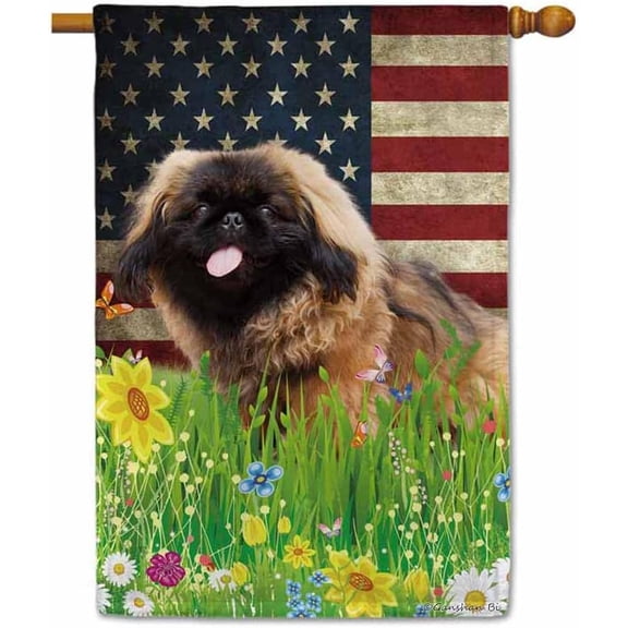 Patriotic US Flag Peking Lion House Flag Dog Wildflowers Floral Spring Summer 4th of July Outside Decor Flag Banner 28X40 Inch Double Side Style 1