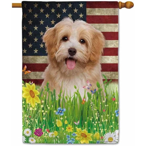 Patriotic US Flag Reddish Havanese House Flag Dog Wildflowers Floral Spring Summer 4th of July Outside Decor Flag Banner 28X40 Inch Double Side Style 1
