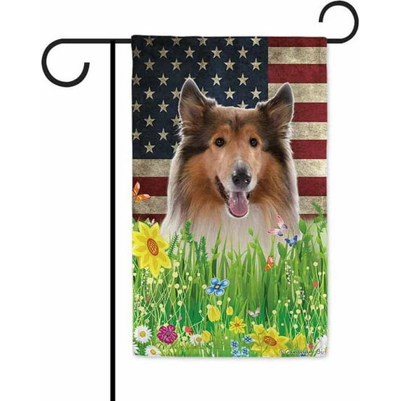 Patriotic US Flag Rough Collie Garden Flag Dog Wildflowers Floral Spring Summer 4th of July Outside Decor Flag Banner 12.5X18 Inch Double Side Style 1