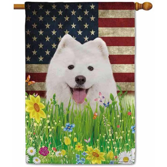 Patriotic US Flag Samoyed House Flag Dog Wildflowers Floral Spring Summer 4th of July Outside Decor Flag Banner 28X40 Inch Double Side Style 1