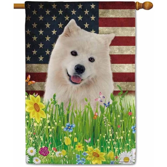Patriotic US Flag Samoyed House Flag Dog Wildflowers Floral Spring Summer 4th of July Outside Decor Flag Banner 28X40 Inch Double Side Style 2