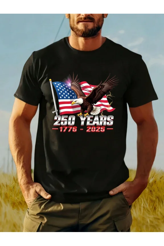 Patriotic USA 250 Years 1776-2025 Men's T-Shirt Retro American Flag Bald Eagle Graphic Tee Vintage Style Semiquincentennial Celebration Apparel