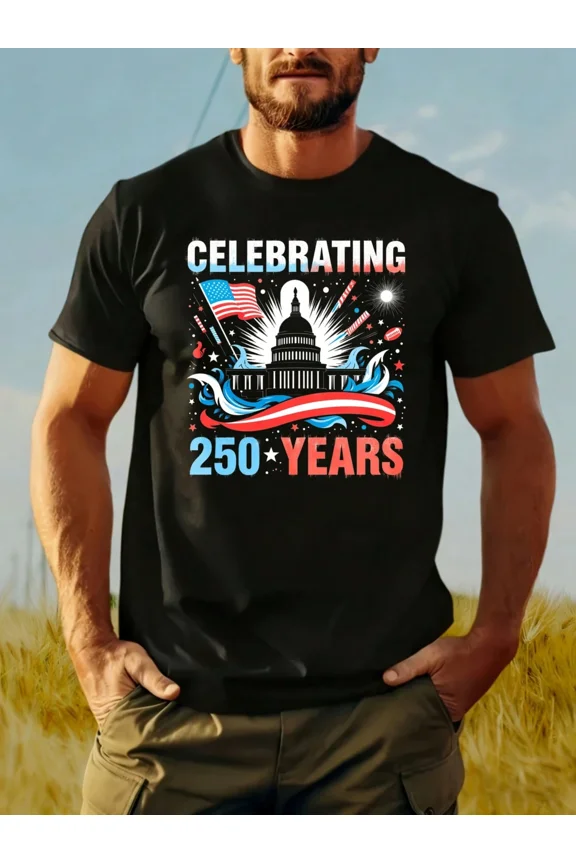 Patriotic USA 250 Years Celebration T-Shirt - Retro American Flag Capitol Building Graphic Tee for Men - Vintage Red White and Blue Independence Day Apparel