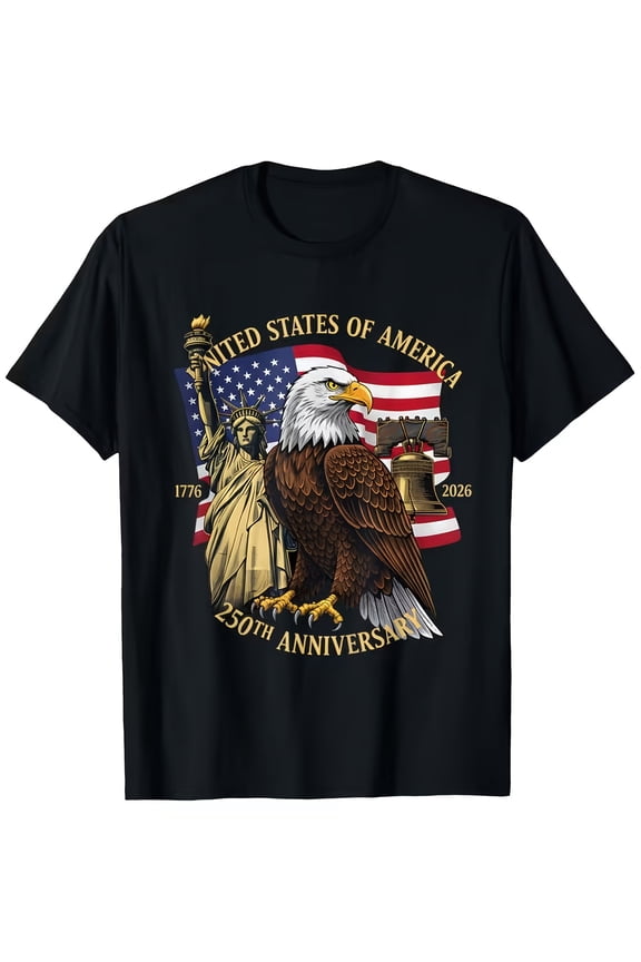 Patriotic USA 250th Anniversary T-Shirt 1776-2026 Retro American Flag Bald Eagle Statue of Liberty Graphic Tee Men Women Adult Short Sleeve Cotton Top