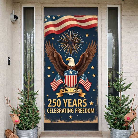 Patriotic  USA 250th Banner Eagle Pattern American Independence Backdrop Blue Background Golden Text Freedom Tribute Background for National Day Celebrations Outdoor Gatherings Community Parades