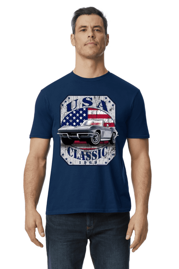 Patriotic USA American Flag Muscle Car T-shirt Short Sleeve Tee Mens Graphic Tees