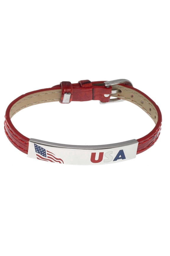 Patriotic USA American Flag Red Leather Adjustable Bracelet