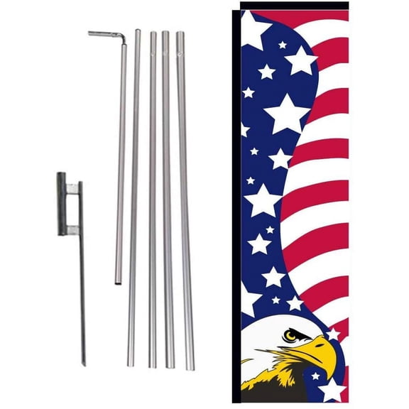 Patriotic USA American Outdoor Rectangle Banner Flag Sign with Pole Kit and Ground Spike, Eagle