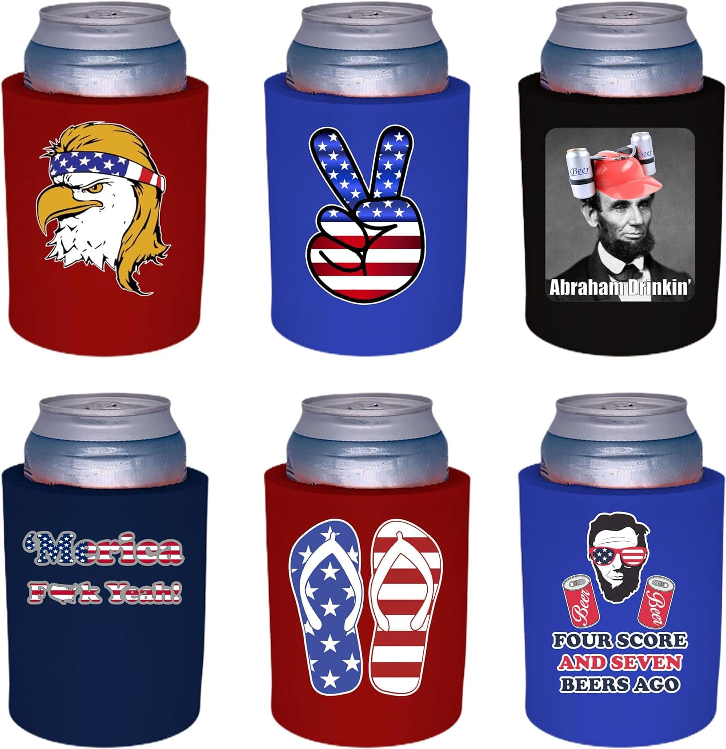 Patriotic USA Designs Thick Foam Old School Can Coolie 6 Pack Set