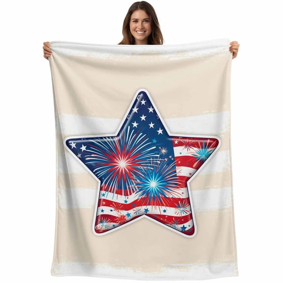 Patriotic USA Flag Blanket Soft Cozy Warm Throw Blanket for Couch, Plush Fuzzy Flannel Blankets for Sofa, Independence Day Firework Cream Striped Bed Blankets Lightweight Gifts for Women, 40"x60"