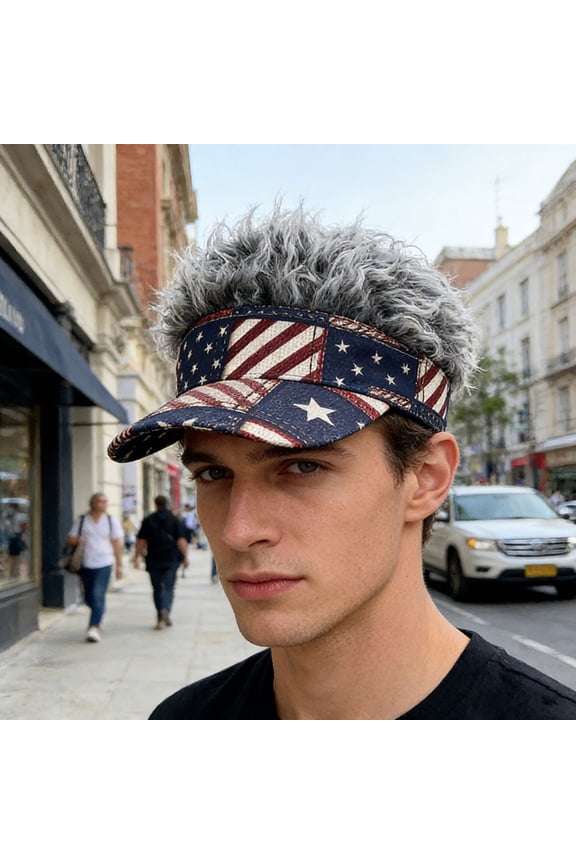 Patriotic USA Flag Fake Hair Visor Hat, Novelty Spiky Hair Sun Visor for 4th of July, Funny Patriotic Sun Hat for Men Women