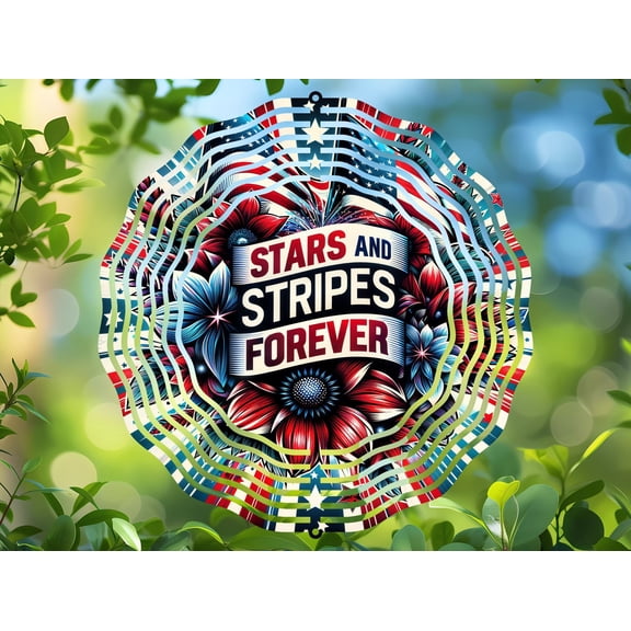 Patriotic USA Flag Floral 3D Wind Spinner, Kinetic Stainless Steel Hanging Garden Yard Art