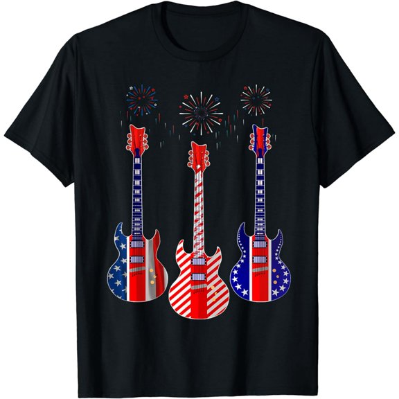 Patriotic USA Flag Guitars Men Women Musician Graphic Summer Short Sleeve Tee