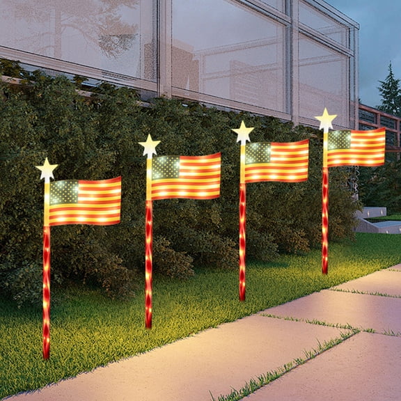 Patriotic USA Flag LED Courtyard Lights, Easy Install Waterproof Yard Lights for Day & Night Display A