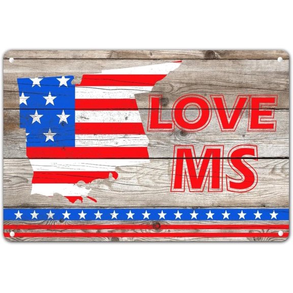 Patriotic USA Flag Map Metal Tin Sign Rustic Retro Wall Decor Iron Hanging Plaque Navy Red Blue Star Design 8 x 12 in